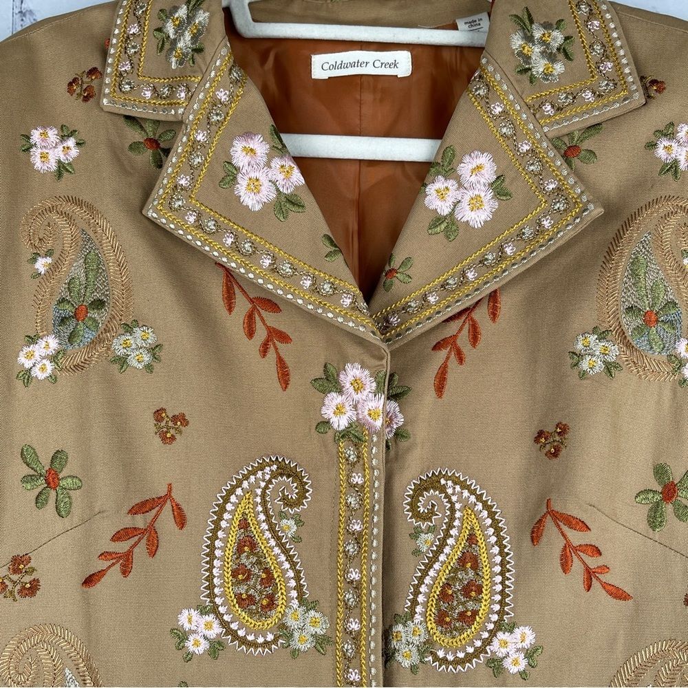 COLDWATER CREEK boho paisley floral embroidered tan coat jacket, size 14 - Picture 9 of 16